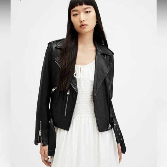 AllSaints Balfern Belted Hem Leather Biker Jacket - Picture 13 of 13